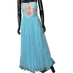 Sherri Hill Floral Beaded Strapless Bodice Chiffon Tulle Overlay Gown 6‎ Prom
